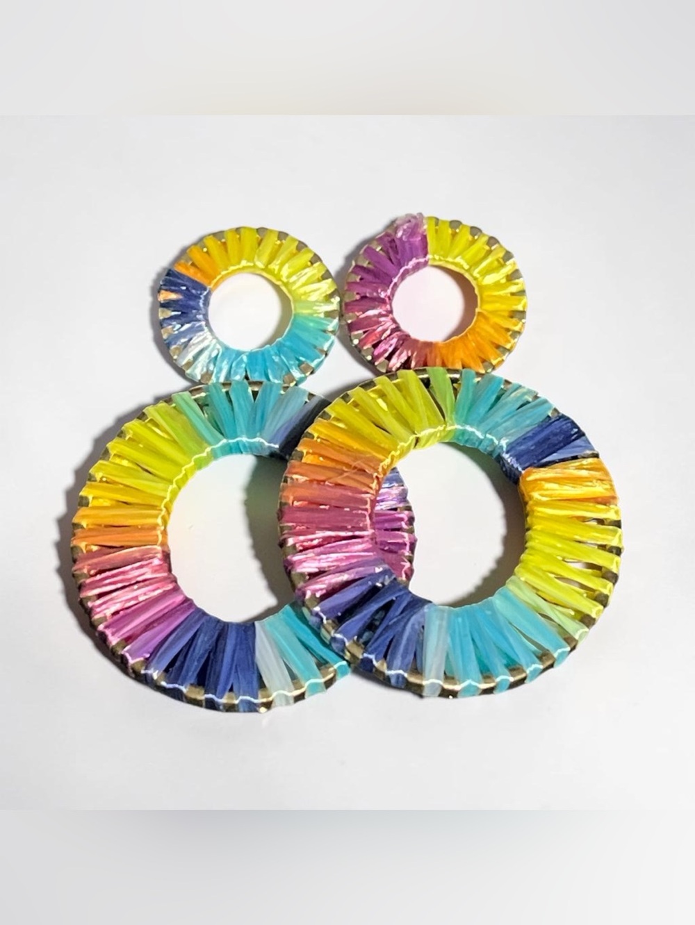 Rainbow Raffia Wrapped Double Circle Drop Statement Earrings
